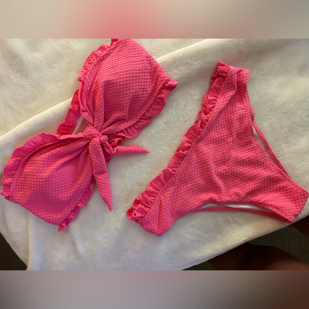 Pink Frill Trim Bandeau High Waist Bikini Set
